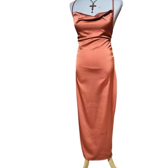 PrettyLittleThing Dresses & Skirts - PrettyLittleThing Rust Satin Cowl Neck Lace Up Back Midi Dress US 6 NEW